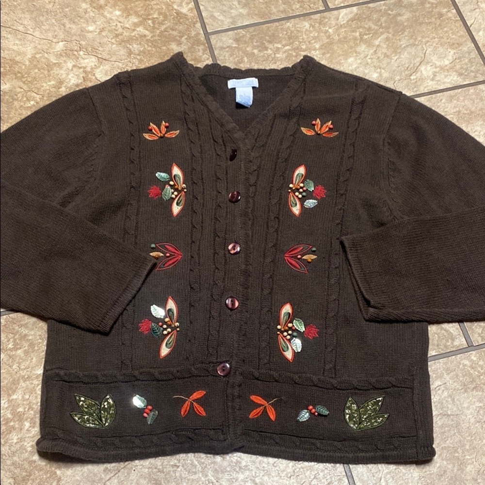 Traditions Chocolate Brown Cardigan with Floral Embroidery Lg. Cable Knit Unisex